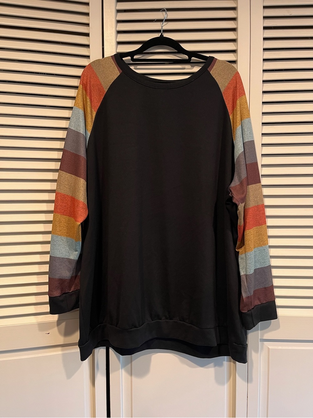 ALLEGRACE Black Top with Crew Neck, Rainbow Sleeves.  Unisex Friendly!